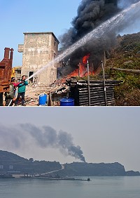 東引南橋昨天冒出濃濃黑煙,驚動消防人員趕赴火場滅火,結果發現是營造廠商自行露天焚燒廢棄建材。(圖/文:陳其敏)