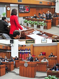 　連江縣議會臨時大會8日進行2項專案報告，分別是觀光旺季來臨，台馬間交通如何因應，以及地政局已成立，如何加速還地於民，由縣長劉增應提出報告，再由議員輪番進行質詢。（圖／文：曹重偉）