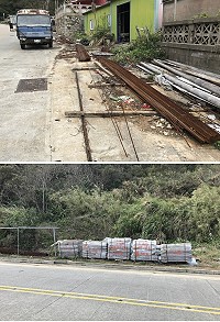 　環境資源局會同北竿鄉公所針對特定幾處髒亂點進行稽查，發現&#22338;里村、午沙村等幾處空地及路旁，確實有不守法營造廠商長期將建材如鋼筋、模板、機具等，堆置於道路兩旁，嚴重影響環境觀瞻。（圖：連江縣環境資源局）