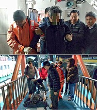 東引長者疑似中風,馬祖海巡警艇不畏惡劣海象緊急救援,將病患、家屬及護理人員自東引載送南竿就醫。(圖/文:曹重偉)