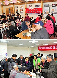 (上圖)南竿社健中心今年系列「樂活馬祖-銀髮食在好幸福」開跑,首場選在山隴社區舉辦老人共餐,吸引村中60多位長者前往參加。(下圖)老人共餐正夯,津沙社區發展協會26日舉辦「幸福食刻、長者共餐」活動,吸引30多位村中長者前往活動中心體驗,共餐前先做伸展操熱熱身,然後一起品嚐社協人員及志工們準備的在地美食。(圖/文:曹重偉)