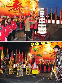 玄天上帝聖誕萬壽食福饗宴席開65桌,秘書長張龍德、會長陳書建率全場高唱生日快樂歌並共同切下蛋糕祝賀;最特別的由張金秋扮演財神爺捧著大紅包風光進場,炒熱現場氣氛。(圖/文:曹重偉)