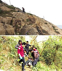 一民眾30日下午前往25據點釣魚時,因意外摔落靠海山壁造成骨折,好在消防局介壽分隊立即馳援,後於傍晚5時33分順利將人救起,隨即送至縣立醫院接受進一步治療。(圖:連江縣消防局)