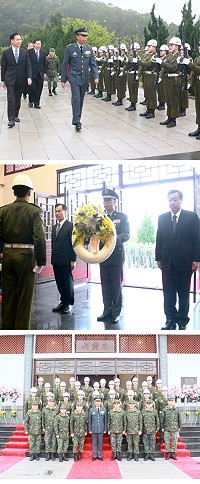 (上圖)指揮官與縣長共同進入會場。(中圖)指揮官向先賢烈士獻花。(下圖)指揮官與憲兵同仁合影。(圖/文:鄭凱仁)