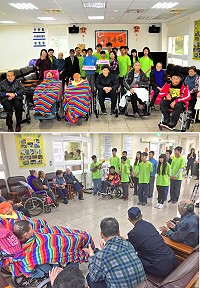 關懷大同之家老人,中山國中師生一行專程獻唱3首好聽歌曲,還停留片刻體驗一下伴老志工,呈現一片祖孫輩合作愉快的和樂畫面。(圖/文:曹重偉)