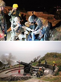 (上圖)火砲射擊前,官兵逐一檢查。(下圖)火砲射擊瞬間。(圖/文:古鎮瑋)