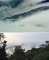 馬祖8日今年第1場平流霧起,在山巒起伏之間,山、海若隱若現,尤以最高的媽祖巨神像宛如置在雲端之上;上圖:遠眺枕戈待旦園區,像國畫潑墨之美。(圖:程元鋒/媽祖巨石神像、歐家瑞/遠眺枕戈待旦園區)