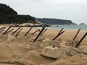 　&#22338;里海堤工程挖出大量鬼條砦，完工後將配合景觀重新佈放做為戰地遺址意象。（圖／文：陳鵬雄）