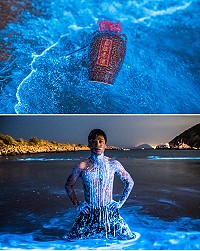 北竿藍眼淚粉絲團以馬祖罈裝老酒搭配「老酒淚光」圖像,成為行銷馬祖最佳伴手禮利器;一青年在海水中「淚影」佈滿全身圖片,比李安《少年pi的奇幻漂流》電影還要夢幻;他們說,純屬創意拍攝。(圖:北竿藍眼淚粉絲團)