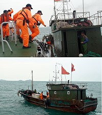 海洋巡防總局馬祖海巡隊17日實施護永專案擴大威力掃蕩勤務,並於南竿海域發現非法越界捕魚大陸漁船1艘3人,該船一度拒檢逃逸,經海巡強勢登檢後帶回。(圖/文:曹重偉)