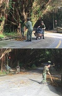西莒有容路綠蔭隧道落葉滿地,影響行車安全,莒光守備大隊派員清理,展現軍愛民的精神。(圖/文:宋幸儒)
