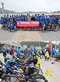 馬祖受邀參加2017第4屆平潭兩岸職工自行車賽,代表隊21日上午出發,特別任務就是要打響馬祖觀光,每輛車都加裝「馬祖卡蹓」小旗幟。(圖/文:曹重偉)