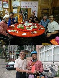 來自日本的車友龜田祥巖(上圖左一),24日來馬單車旅行,因鋒面連續滯留南竿兩天,馬祖自由車委員會發現這位國際車友,特別贊助交通費並邀他聚餐,聽他分享離開日本7年多的旅程故事,是次特別的台日車友交流。(圖:馬祖自由車委員會提供)