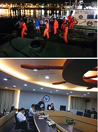 　上圖：5名乘客28日晚間9時多先接回；下圖：交通部航港局成立海難災害應變中心，相關單位人員進駐及應變任務。（圖：交通部航港局提供）
