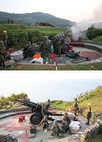 (上圖)常備兵役軍事訓練第54梯役男觀摩見學實彈射擊。(下圖)每位砲手善盡職責,齊心完成此次射擊任務。(圖/文:古鎮瑋)