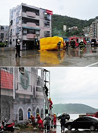 　連江縣各災防單位12日下午共同進行今年度災害防救演習第2次預演，由秘書長張龍德主持，實際到場人車都比上次預演增加許多，佈景也幾乎全數完成，雖然雨勢攪局，但演練起來也更有真實感。（圖／文：曹重偉）