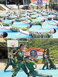 上圖:見習役男學習蛙人操。下圖:學習綜合格鬥-奪刀術。(圖/文:吳誌益)