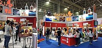 第19屆海交會馬祖館展示馬祖高粱和老酒吸引參觀者品嘗,總經理劉九銘接受大陸媒體聯訪。(圖:馬祖酒廠實業公司提供)