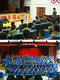 上圖:役男於座談發表服役心得。下圖:楊指揮官與接訓幹部及役男合影。(圖/文:吳誌益)