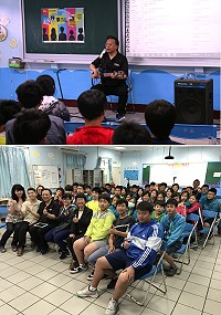馬祖校園講座25日在中正國中小9年級教室召開,由吉他博士簡英材主講一件事,分享自己的成長經歷和動人音樂。(圖/文:吳嘉榮)