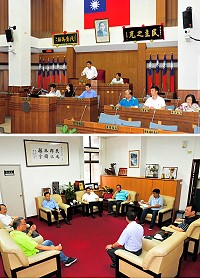 連江縣議會第6屆第5次定期大會開議,議員們完成報到手續並召開預備會議;縣長劉增應與秘書長張龍德前往拜會,受到議長張永江及議員們的熱情歡迎,雙方就民眾反映空中航線一位難求及如何因應進行討論。(圖/文:曹重偉)