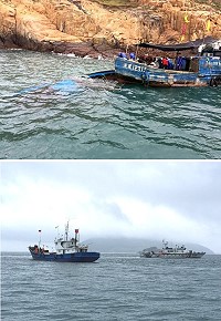 　大陸黃岐一艘小漁船5月30日發生海難漂至北竿海域，船上4名船員失蹤，我方2日協助搜救拖帶作業。（圖／文：陳鵬雄）