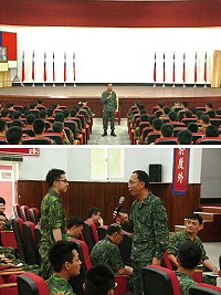 (上圖)楊指揮官主持「軍事訓練第53梯結訓離營座談」。(下圖)楊指揮官關心役男服役現況。(圖/文:吳誌益)