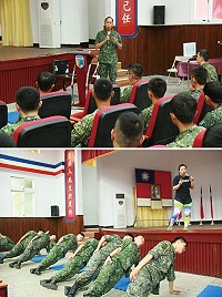 (上圖)楊指揮官主持「精進體能訓練及強化防治中暑與運動傷害」講習。(下圖)王湘怡老師指導實施徒手體適能動作。(圖/文:吳誌益)