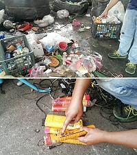 有民眾將漁船用信號彈丟進資源回收車,結果8日晚間差點釀成火災;環資局特別提醒此類危險物品要依規定報繳漁政單位協助處理,否則造成意外將須負肇事責任。(圖/文:曹重偉)