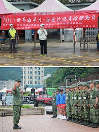 上圖:劉縣長於活動前實施致詞。下圖:謝副主任對參與官兵實施勤前宣導。(圖/文:鄭凱仁)