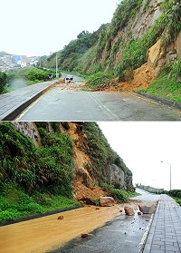 連下幾天大雨後,東引樂華村聯外道路(中柱港上方)又發生土石崩落,基於用路安全考量,鄉公所採取封閉因應。(圖:東引鄉公所)