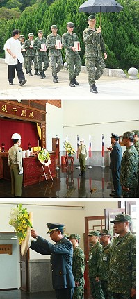 (上圖)官兵將國軍先輩移入忠靈祠安奉。(中圖)楊指揮官率官兵向國軍先輩進行入祀典禮。(下圖)指揮向5位前輩獻花(圖/文:鄭凱仁)