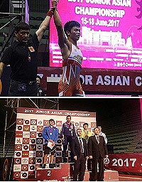 2017亞州青年角力賽獲得第3名的國手馬祖籍王明亮獲勝後裁判舉起歡呼。(圖:智林體育台)