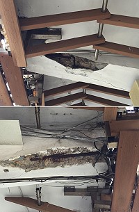18日一位觀光客險些遭騎樓天花板剝落的水泥塊砸中,代表會要求公所儘速設法改善。(圖/文:陳鵬雄)