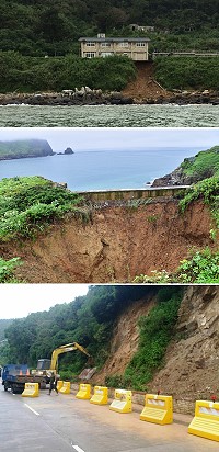 (上圖)連日大雨,西莒傳出災情,鄉公所已著手處理。(圖/文:宋幸儒);(中圖)東引風虎角附近濱海道路土石流失,出現一個近10平方公尺大的窟窿。(圖/文:陳其敏);(下圖)珠螺往清水(清馬道)路段18日邊坡坍方,19日上午即予處理,邊坡處理完畢後,加設紐澤西護欄於花台旁,防止後續土石滑落。(圖:連江縣政府工務處)