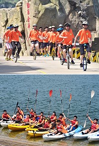 東引國中小11位畢業生,勇往直前,完成跑步、獨輪車、獨木舟三項鐵人考驗。(圖/文:陳其敏)