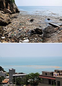 受到前兩天暴雨影響,對岸閩江再次氾濫,大量垃圾及漂流物湧入海中,29日上午就緩緩來到馬祖外海,南面仁愛村澳口首當其衝,靠左側的海面遍布垃圾。(圖/文:曹重偉)