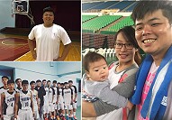 圖左上、下為曾沁綸與擔任助理教練(中、著黑上衣)7年之久母校光啟高中籃隊;圖右曾沁綸與妻小。(圖:陳育璿、曾沁綸)