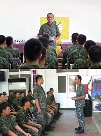 上圖:指揮官主持「新兵精神講話」。下圖:指揮官關心新兵適應狀況。(圖/文:吳誌益)