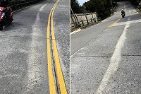 南竿山線5日傍晚又發生漏油事件,油漬污染範圍從中央大道與環山路口,一直延續到成功山附近,所幸發現得早沒有人員受傷;連江縣環境資源局也表示,此案已查獲污染行為人,並依據廢棄物清理法相關規定逕行告發處分。(圖/文:曹重偉)