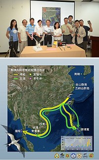 首次揭密「神話之鳥」跨國遷徙路徑記者會12日召開,研究團隊利用鳳頭燕鷗裝置衛星發報器進行追蹤,推演出黑嘴端鳳頭燕鷗的南向遷徙路徑。(圖:林務局)
