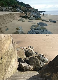 大自然力量讓西莒坤坵沙灘形成特殊景觀,也造成巨石裸露擋路,影響行的安全。(圖/文:宋幸儒)