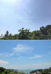 近期台海兩岸都有軍演,馬祖的天空也常常有戰機呼嘯而過,超音速飛行之後所留下的帶狀雲就是最佳證據,在馬祖用肉眼就可目擊。遊客們的「警覺性」顯然不夠,還稱讚帶狀雲很有美感,彷彿在天空作畫。(圖/文:曹重偉)