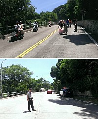 南竿鄉20日近午時連續發生2處漏油污染道路事件,包括福澳村復國路上坡側及良健機車行路段,南竿警察所隨即派員前往2處佈放三角錐,並協助指揮交通,讓環資局人員可以安心處理。(圖:南竿警察所)