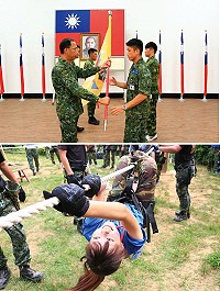 (上圖)指揮官對馬戰營實施授旗儀式。(下圖)馬戰營學員挑戰突擊吊橋。(圖/文:鄭凱仁)