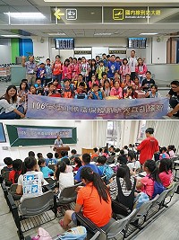 環資局暑期環保小尖兵訓練營,40位學子前進中台灣,抵達松山機場出發至台中朝陽科大開訓前於機場大合照;下午開訓典禮,由領隊環資局秘書林宜華勉勵參與學童們體認資源回收及資源循環對環境的重要。(圖:連江縣環境資源局)
