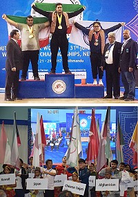 上圖:林聖倫(右受獎者)29日在尼泊爾加德滿都2017年亞青少年舉重賽2銅1銀。下圖:林聖倫(著藍色服)擔任中華台北代表隊掌旗進場。(圖:中華民國舉重協會提供)