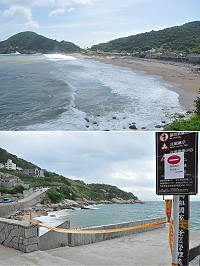 颱風「尼莎」來襲,北竿坂里沙灘出現長浪,相關單位已將海域管制,呼籲民眾遊客別前往觀景戲水,以免發生危險。(圖/文:馮紹夫)