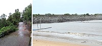 「尼莎」颱風輕掠馬祖,北竿地區只有零星災情傳出,左圖為壁山路樹傾倒影響道路通行。右圖:塘岐馬鼻灣簡易浮排不堪風浪攔腰折斷,公所將協調有關單位儘速復原。(圖:馮紹夫、北竿鄉公所)