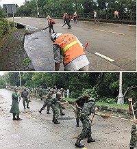 「尼莎」颱風輕掠馬祖,天氣好轉後,環資局即由局長張壽華率局中清潔隊員,會同南竿守備大隊及支援營弟兄約2百人,分赴南竿中央大道及清水路、仁愛路等入村道路進行清潔工作,在弟兄們協力下很快就還給用路人乾淨的路面。(圖/文:曹重偉)